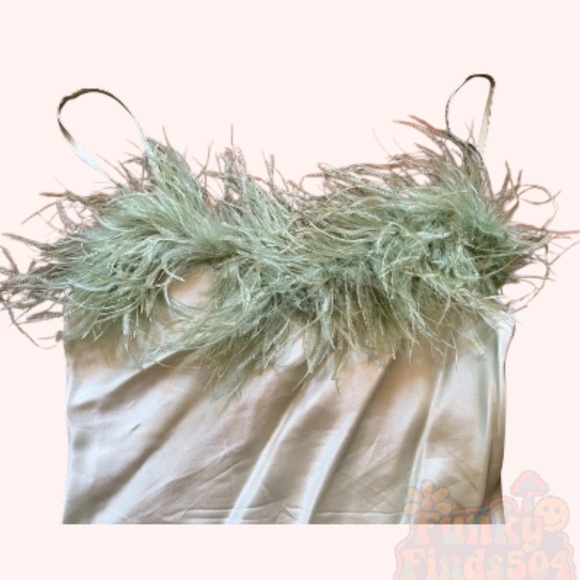 Sleeper Boheme Mint Green Ostrich Feather Trim Satin Mini Slip Dress Size S - Picture 6 of 11